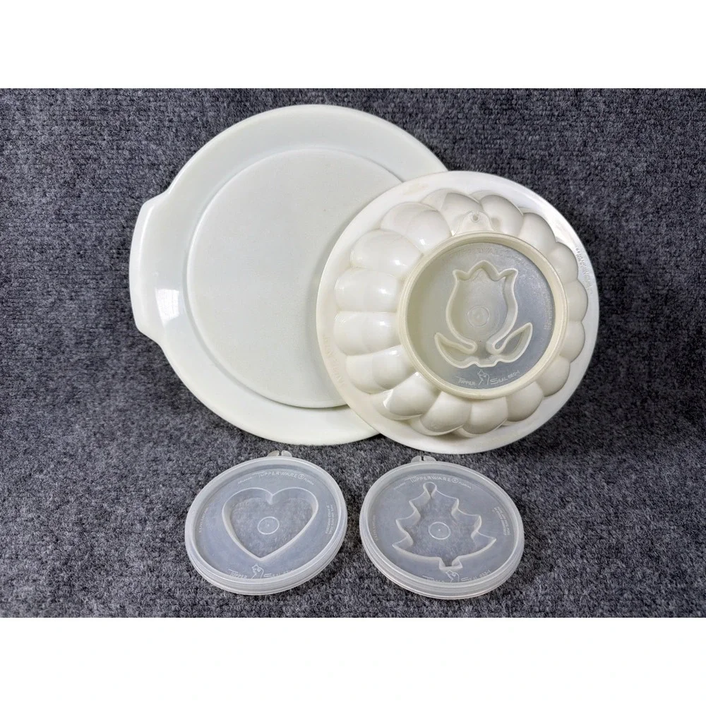 Vintage Tupperware Jel-N-Serve Jello Mold Set White with 3 Decorative Seals